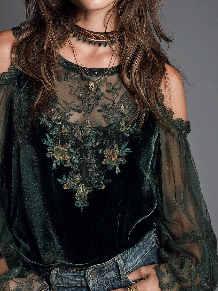 Romantic Embroidered Emerald Green Velvet Blouse