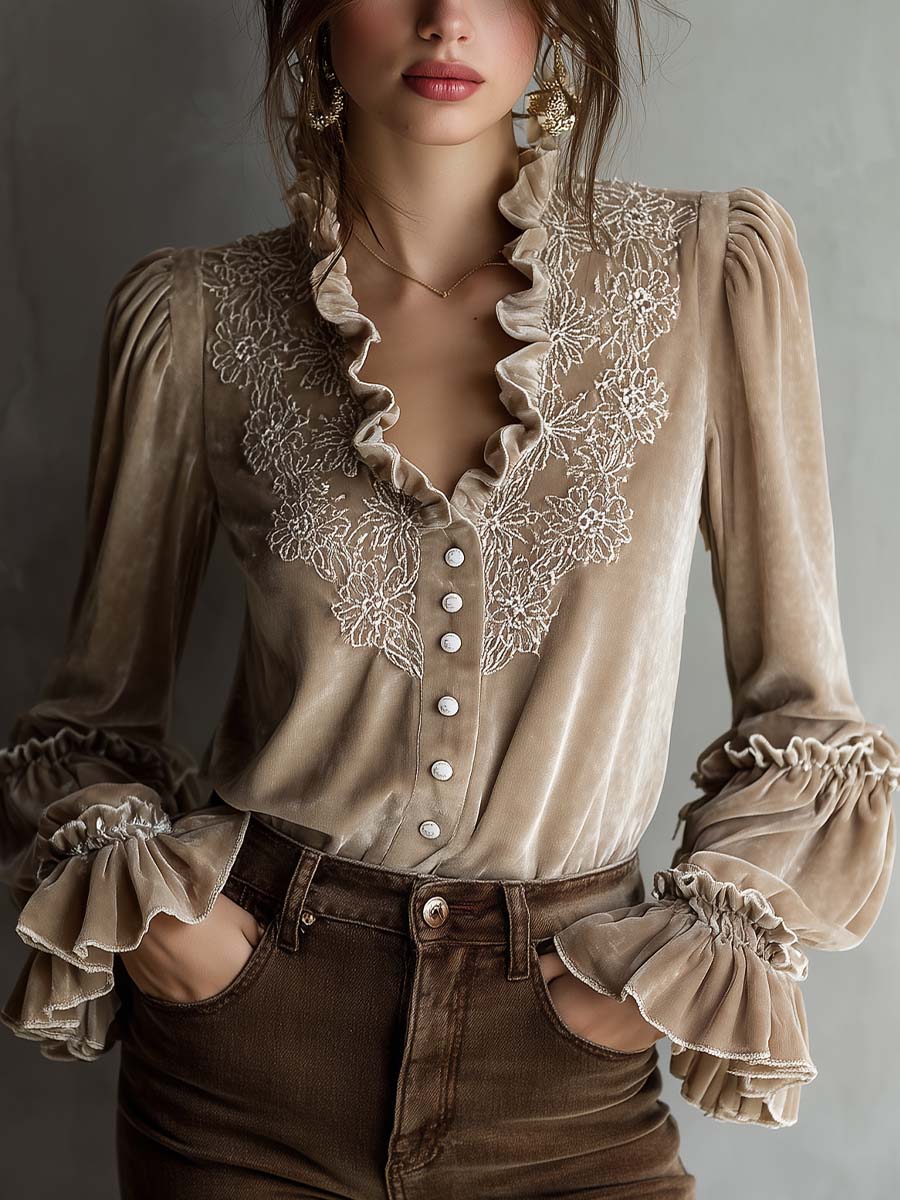 Champagne Beige Floral Embroidered Ruffled Velvet Shirt