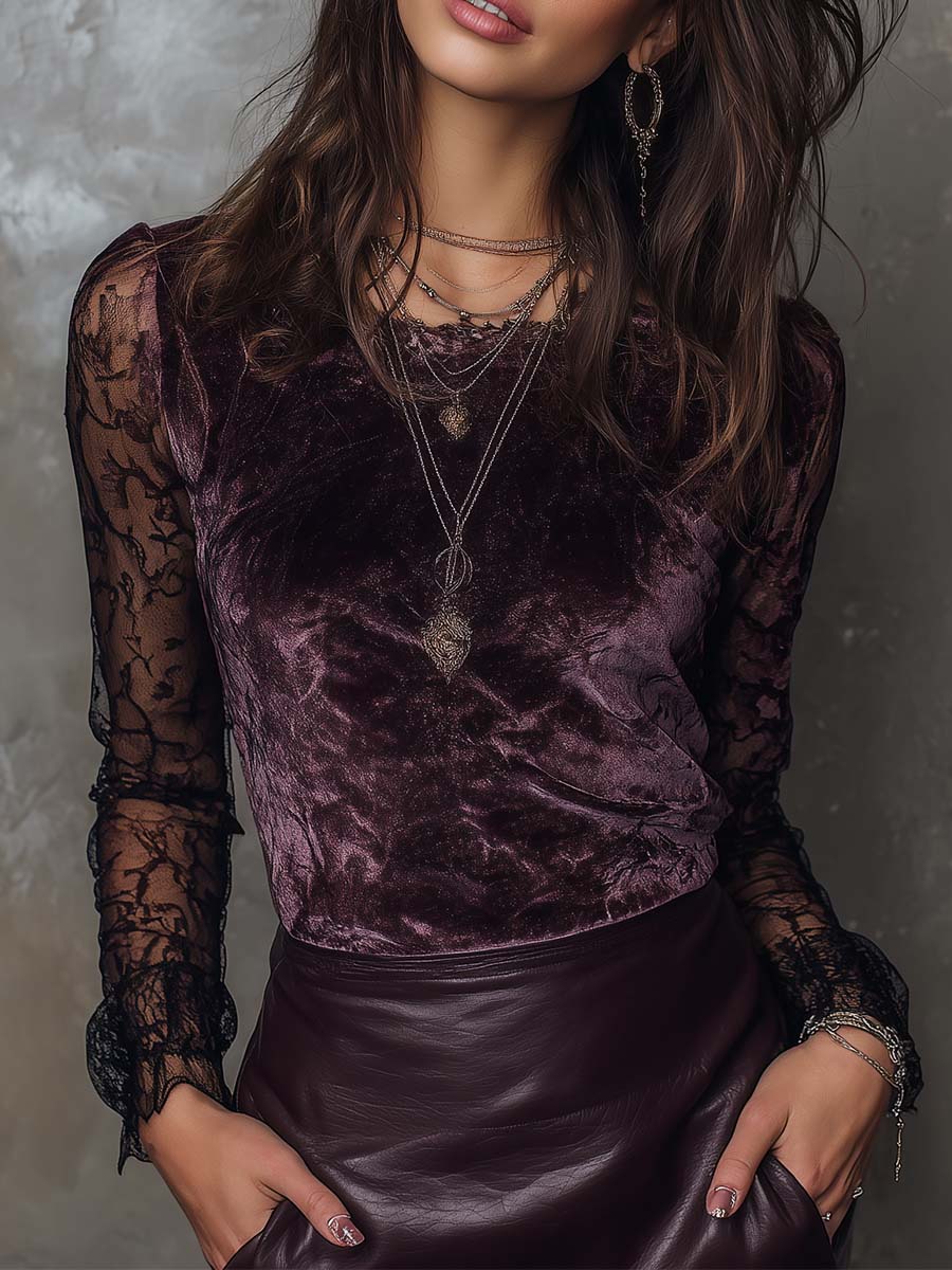 Velvet And Lace Gothic Sheer-Sleeve Top
