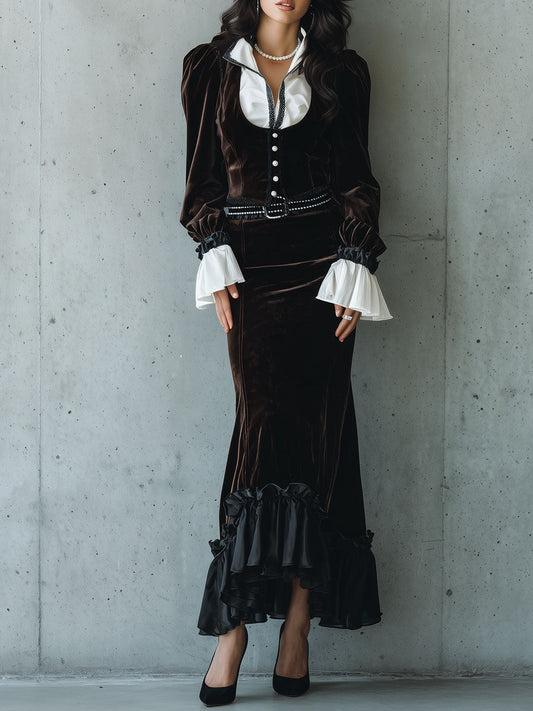 Victorian Dark Brown Velvet Buttoned Corset Maxi Dress With Ruffled Details