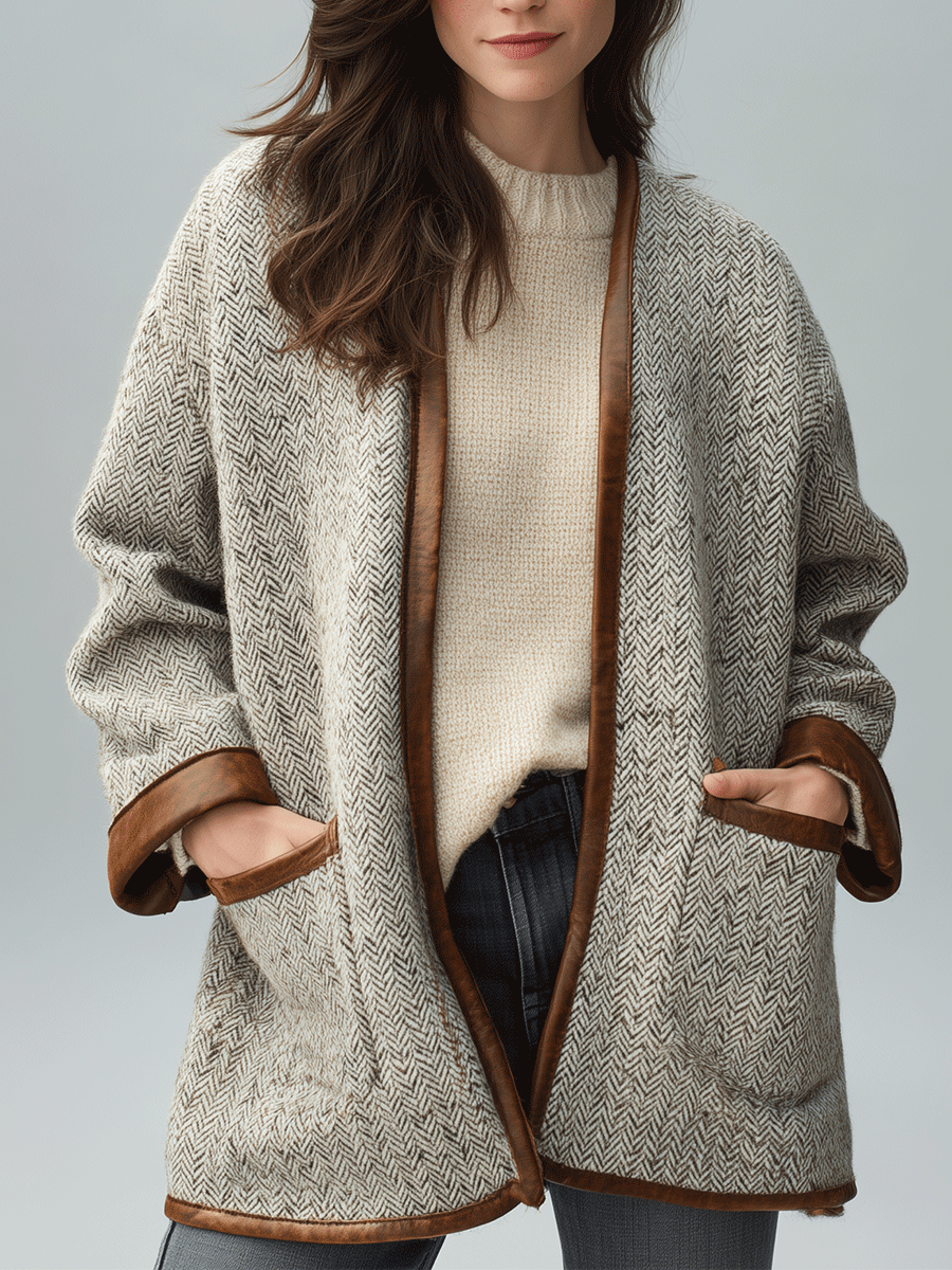Relaxed Cozy Textured Wool-Blend Leather Trim Jacket