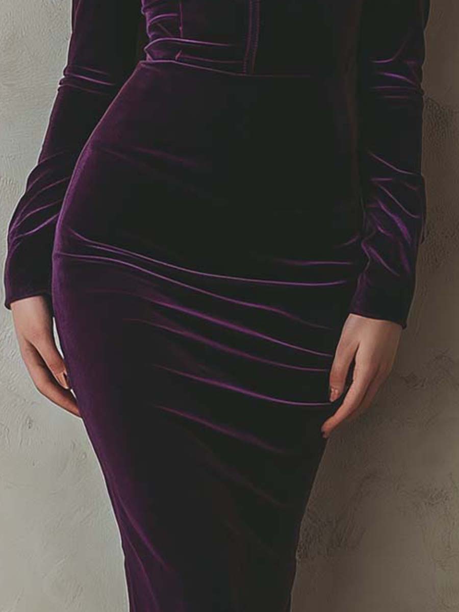 Exquisite And Elegant Purple Velvet Slim-fit Long-sleeved Midi Dress