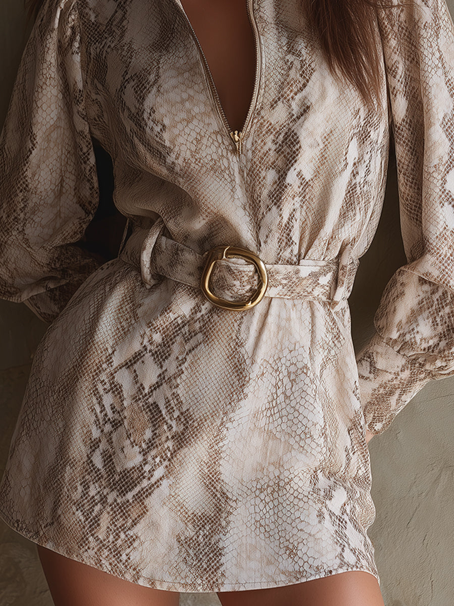 Stylish Snake Print Polyester Suede Mini Dress With Belt