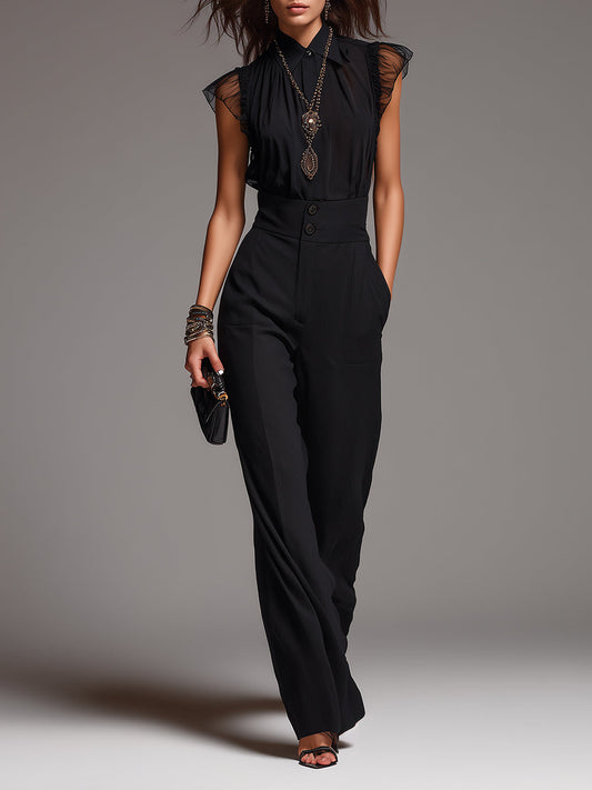 Retro Ruffled Sleeve Blouse & High-waisted Straight-leg Pants Set
