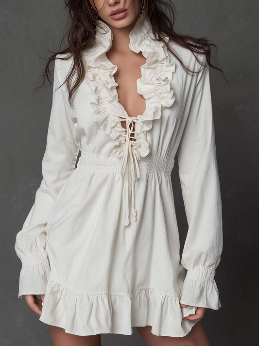 Romantic Ruffled Lace-Up Mini Dress