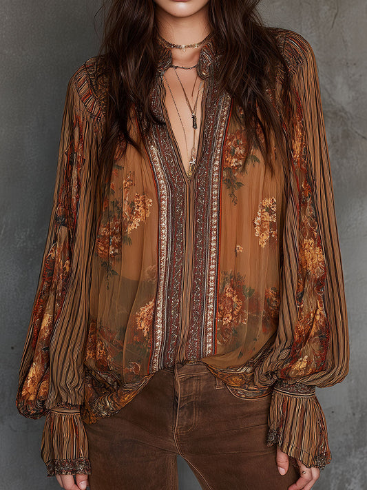 Vintage Boho Sheer Floral Blouse With Billowy Sleeves