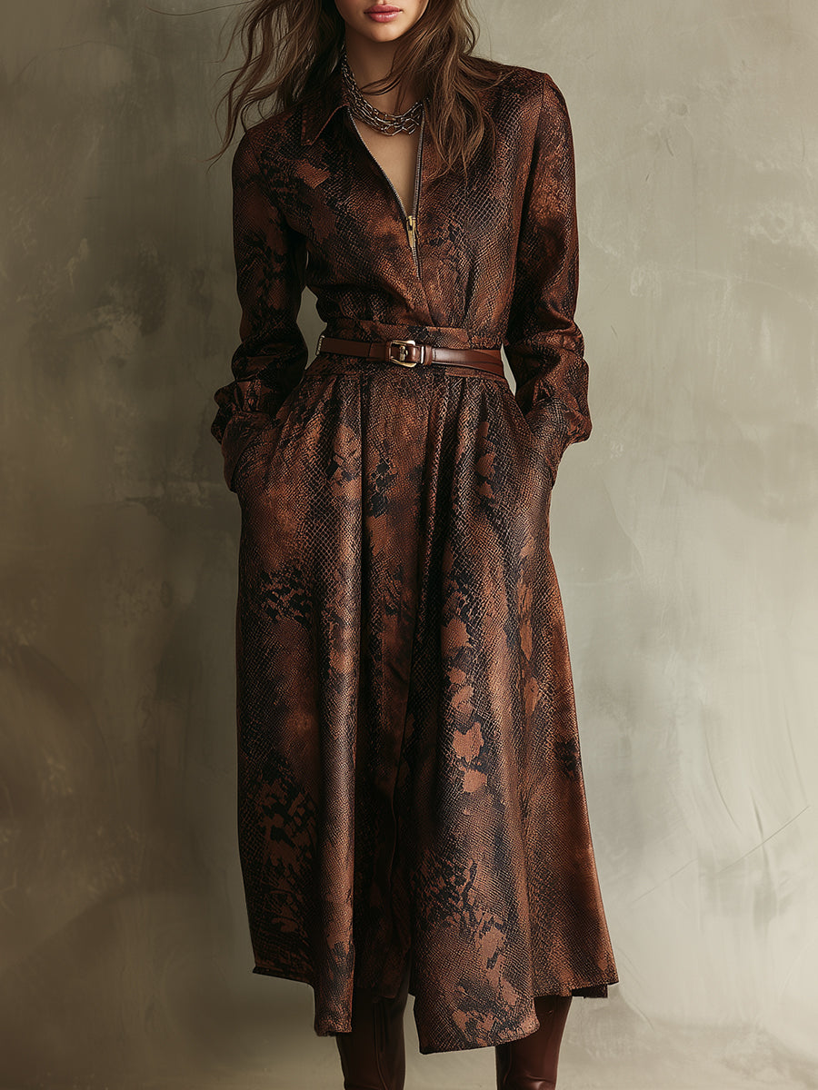 Retro Snake Print Front Zipper Polyester Suede Midi Dress With Belt