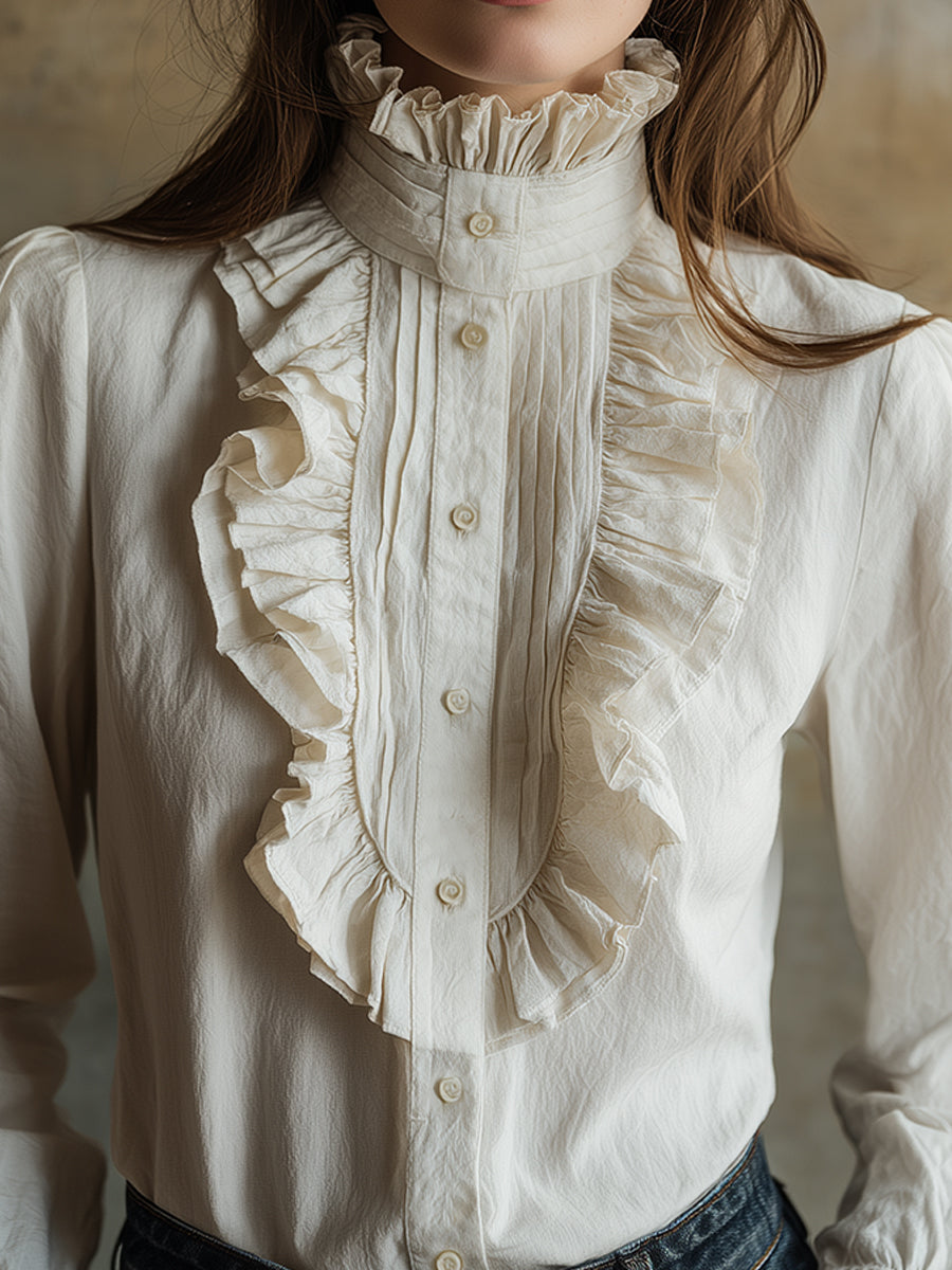 Vintage Cotton Blend Ruffle Placket Blouse