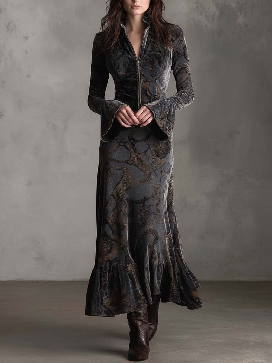 Vintage Snake-Print Velvet Maxi Dress