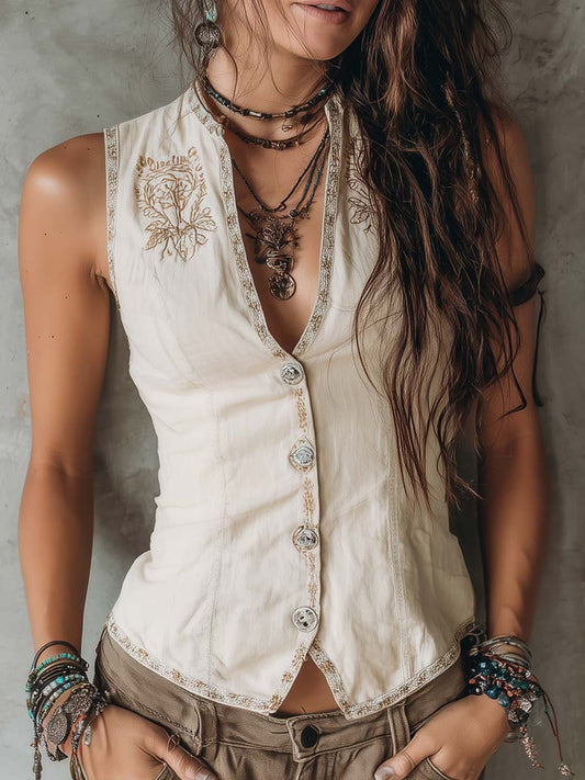 Retro Embroidered Trim Cotton Linen Vest