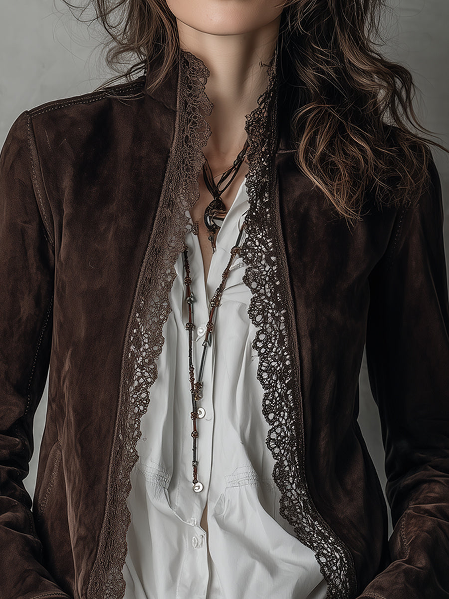 Bohemian Stand Collar Lace Door Tube Suede Jacket