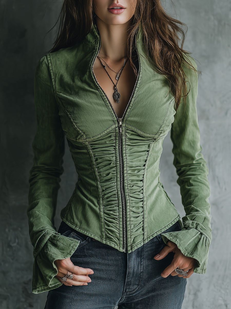 Vintage Washed Pinch Pleated Ruffle Cuff Denim Blouse