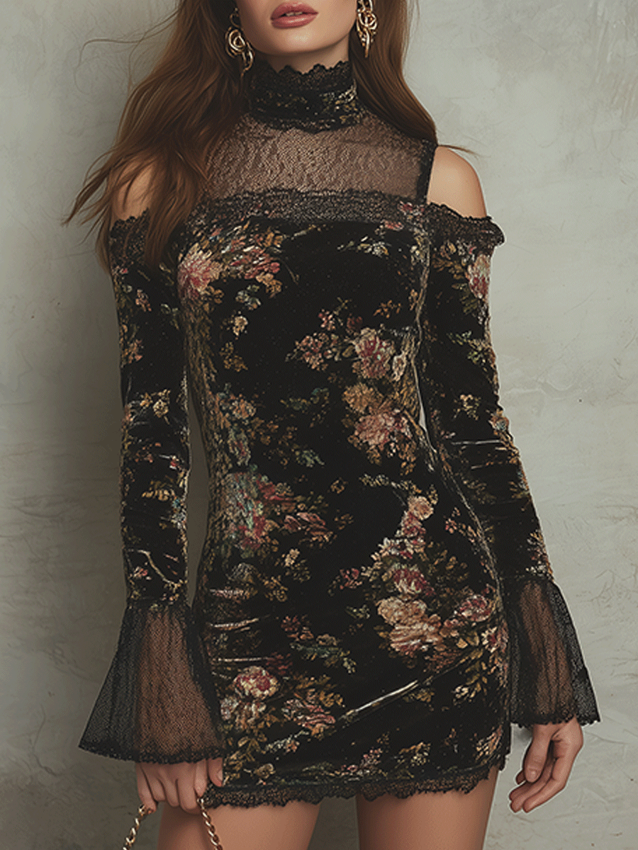 Vintage Black Velvet Floral Lace Cold-Shoulder Mini Dress