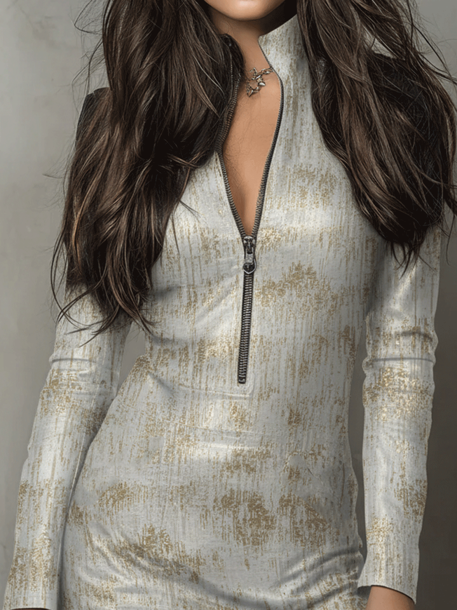 Chic Gold Marbled Zip-Front Bodycon Mini Dress