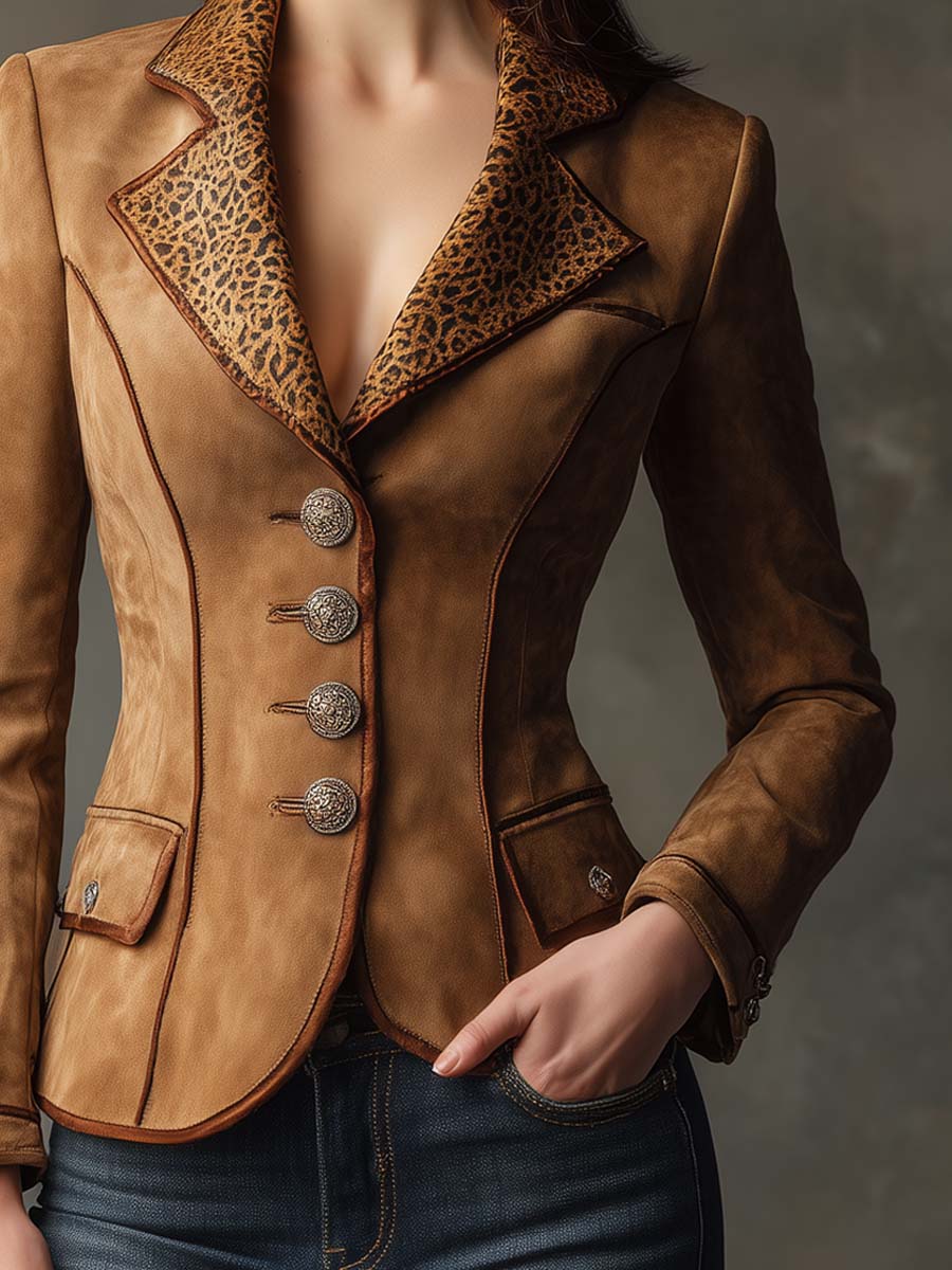 Retro Leopard Print Collar With Contrasting Trim On Polyester Suede Blazer