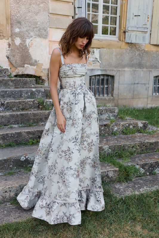The Ava Dress in Stone Lilibet Brocade