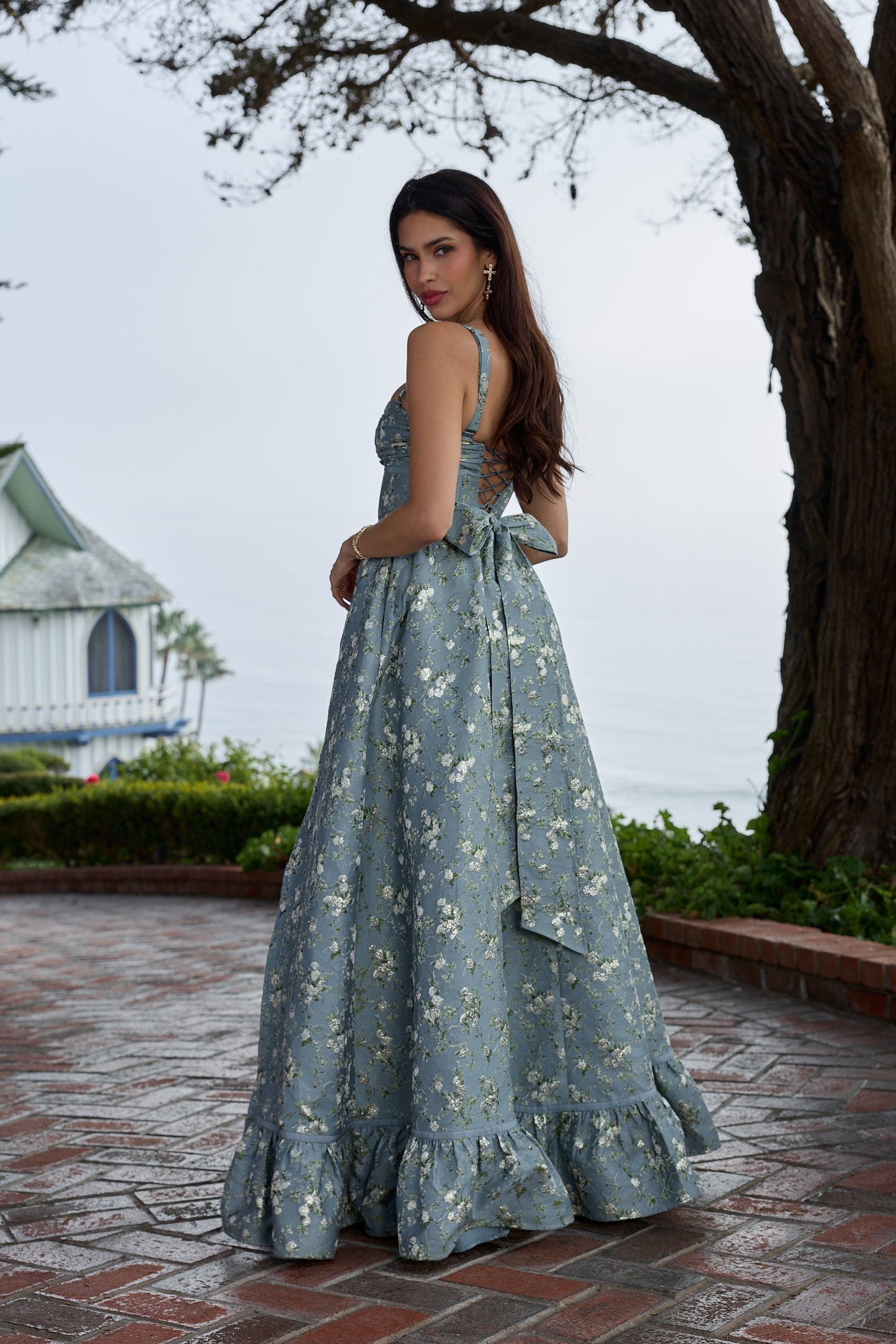 The Ava Dress in Slate Blue Cheverny Brocade