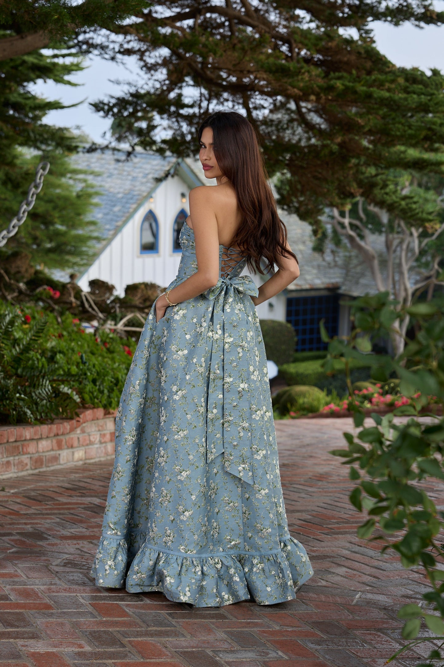 The Ava Dress in Slate Blue Cheverny Brocade