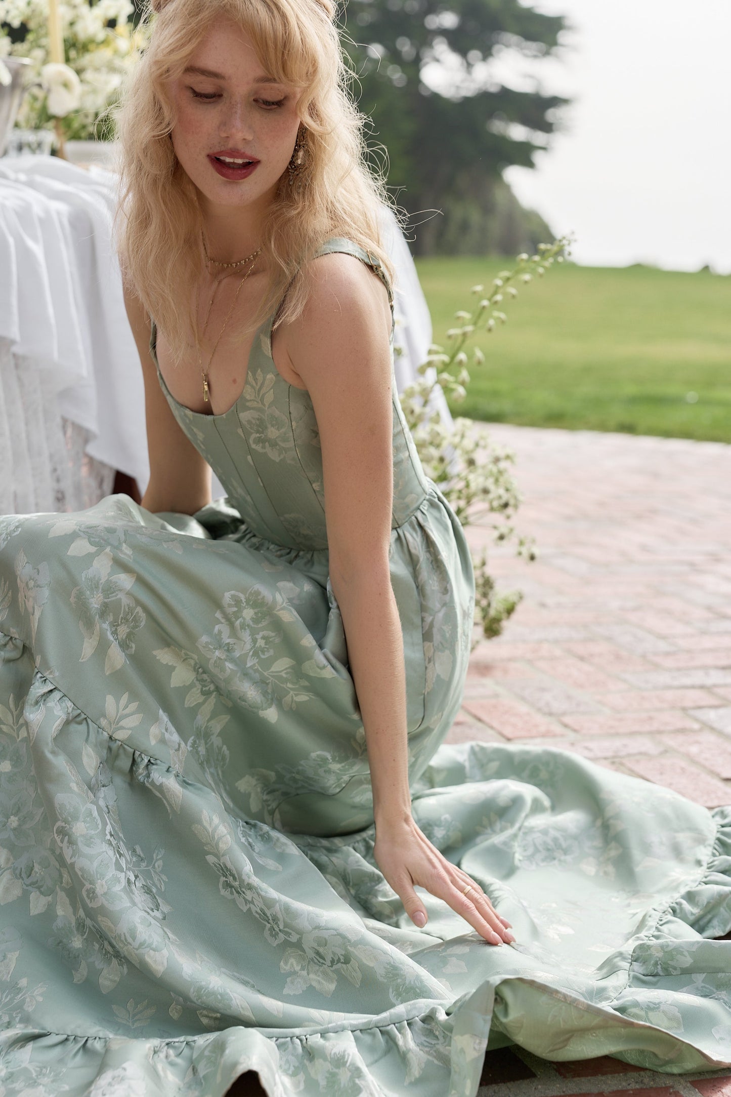 The Avery Dress in Sage Baroque Floral