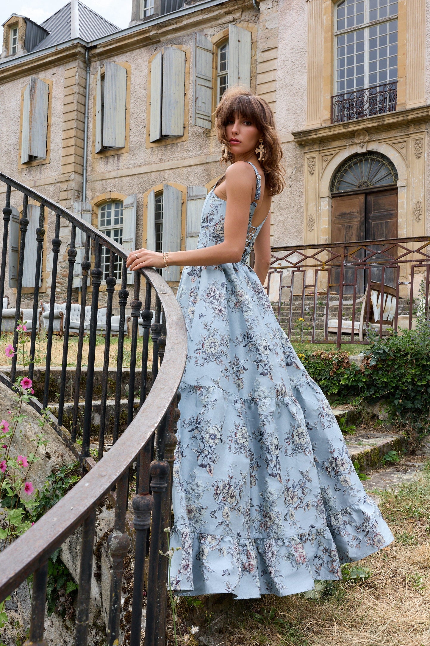The Avery Dress in Light Blue Lilibet Brocade