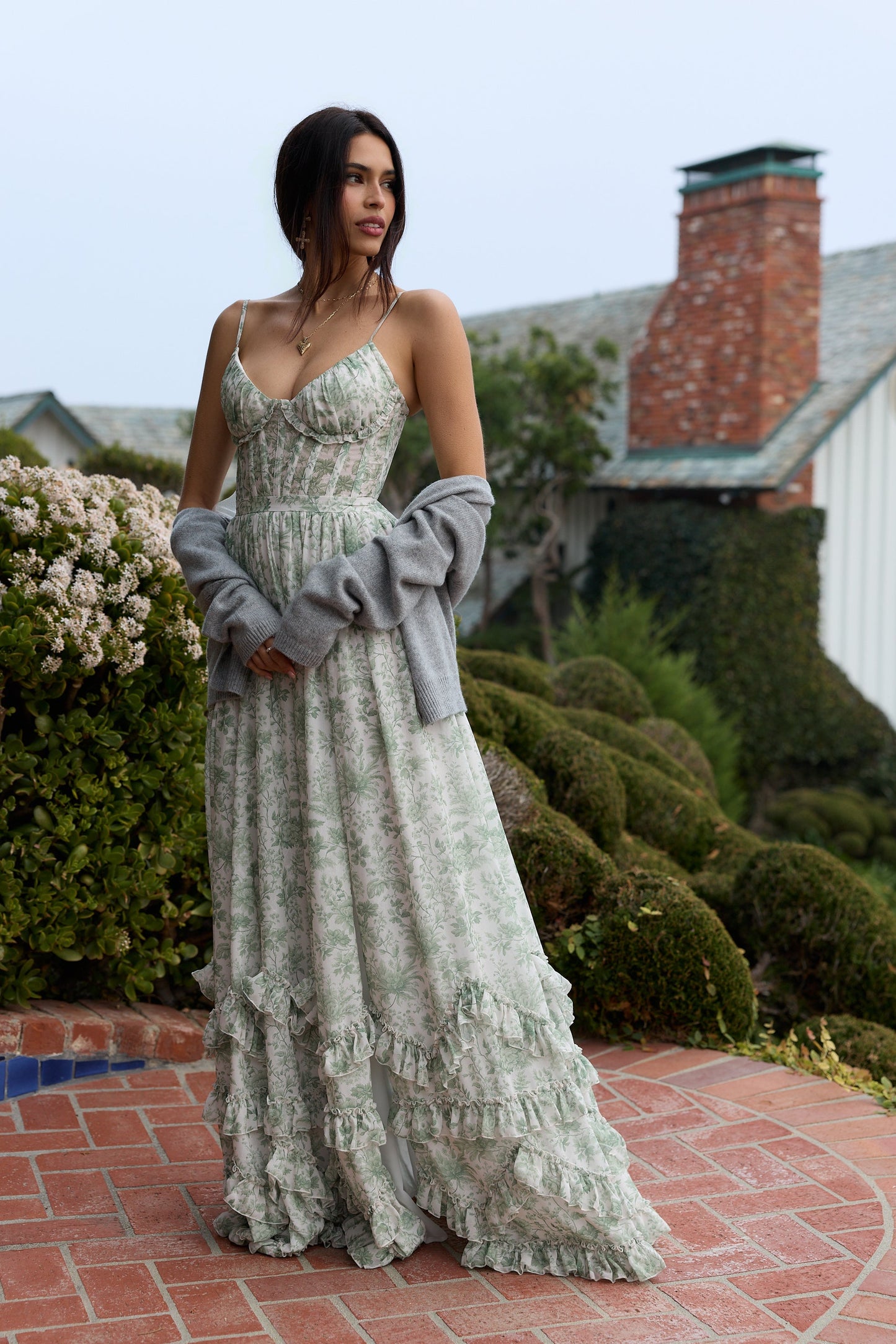 The Carmen Dress in Sage Toile
