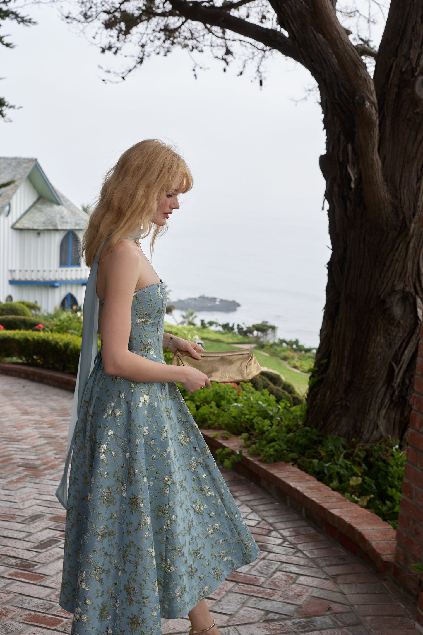 The Hazel Dress in Slate Blue Cheverny Brocade