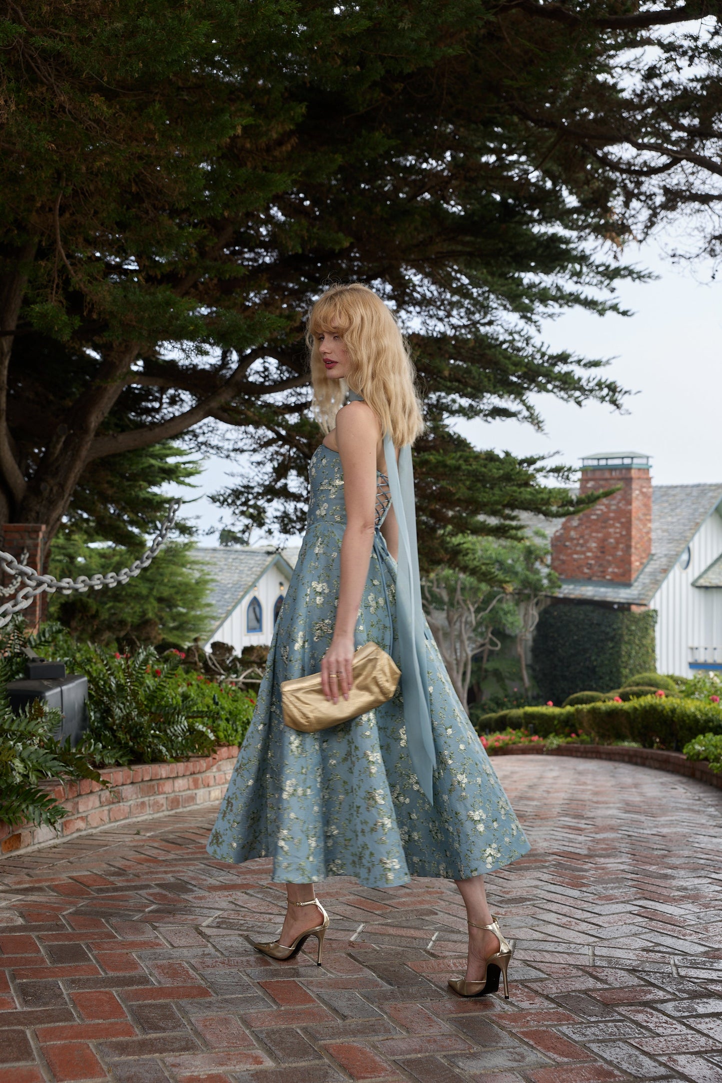 The Hazel Dress in Slate Blue Cheverny Brocade