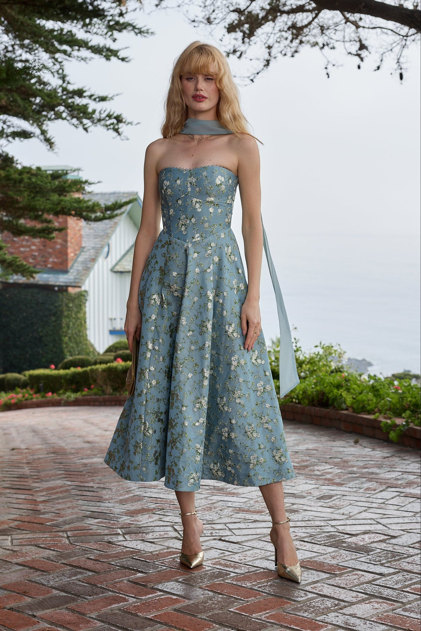 The Hazel Dress in Slate Blue Cheverny Brocade