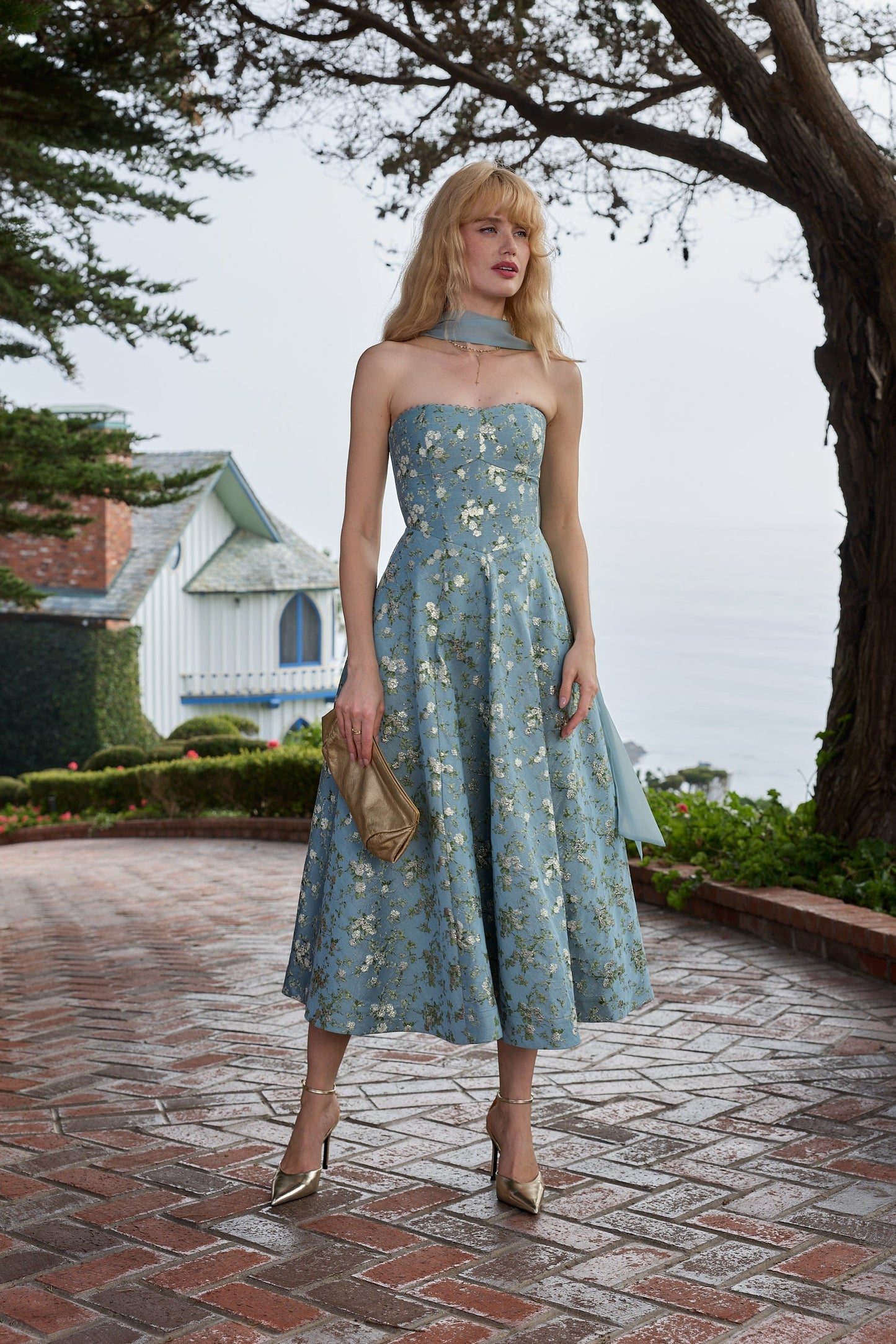 The Hazel Dress in Slate Blue Cheverny Brocade