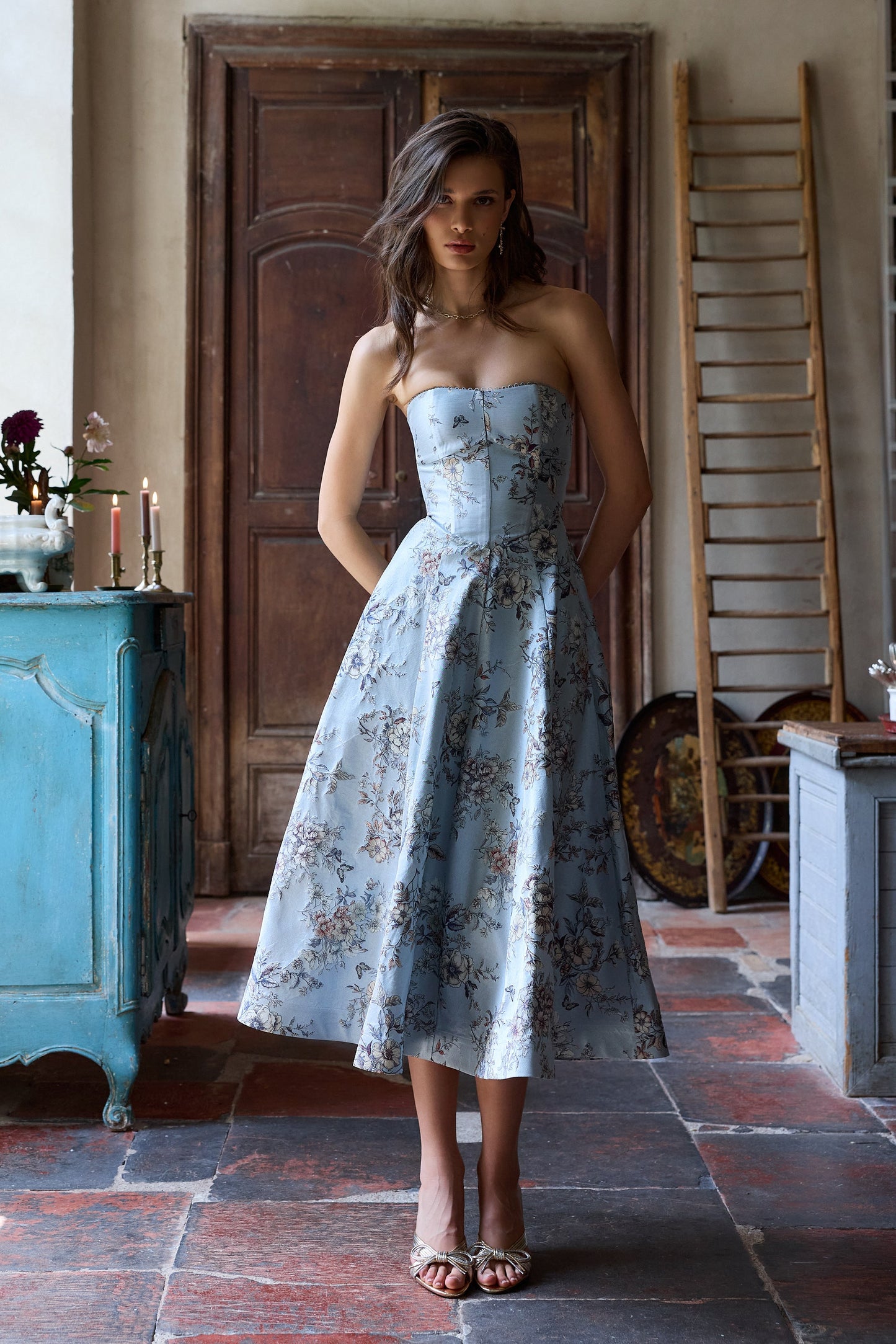 The Hazel Dress in Light Blue Lilibet Brocade
