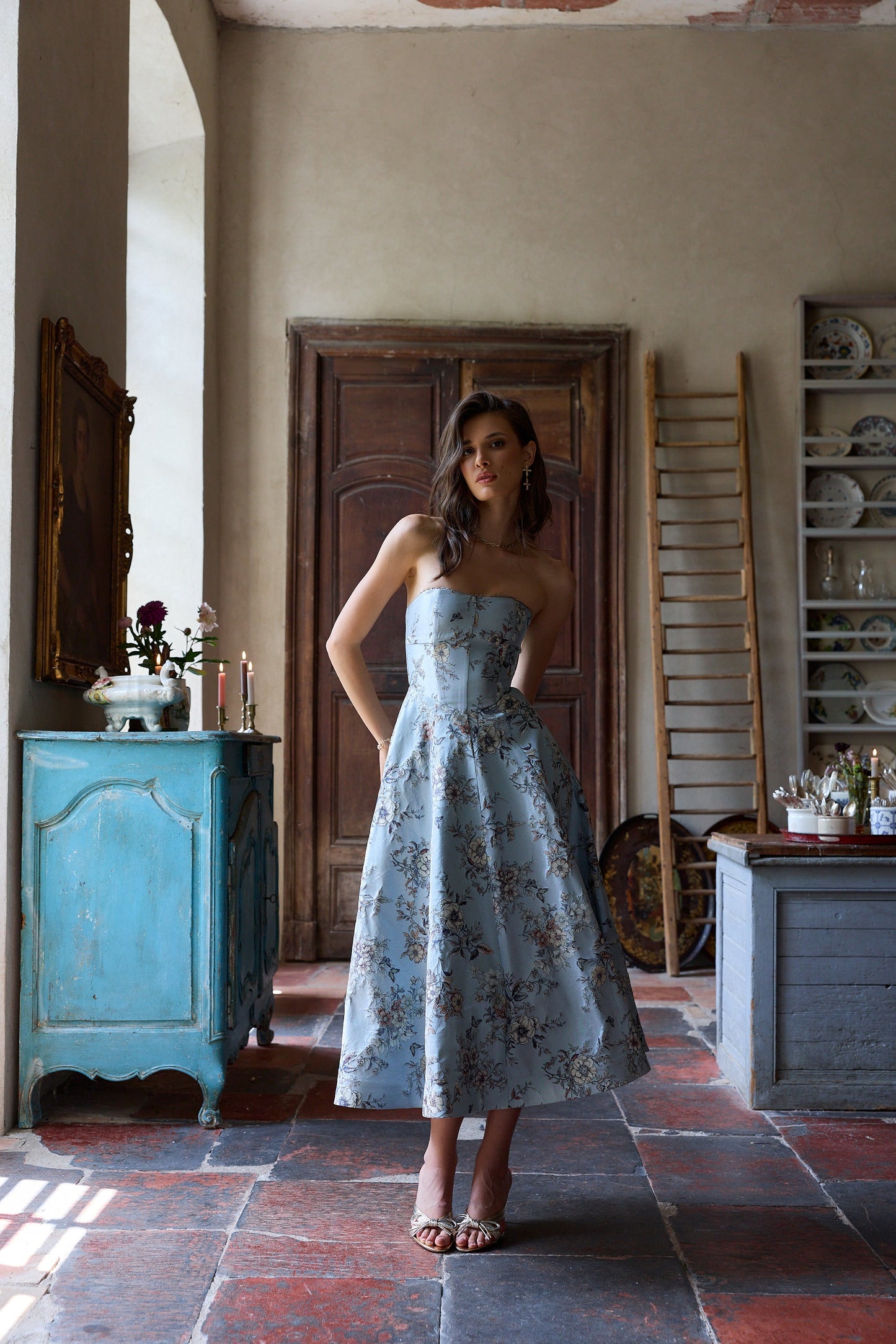 The Hazel Dress in Light Blue Lilibet Brocade