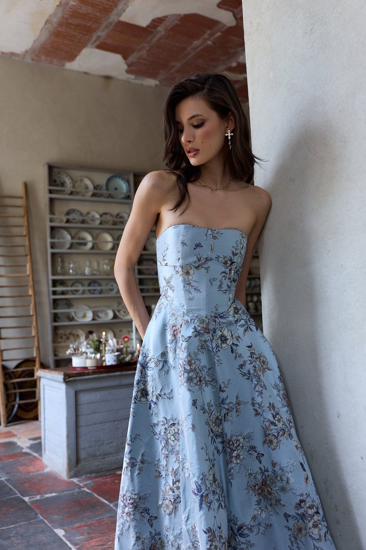 The Hazel Dress in Light Blue Lilibet Brocade