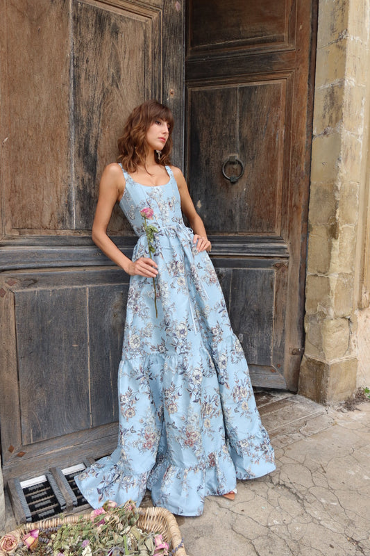 The Avery Dress in Light Blue Lilibet Brocade