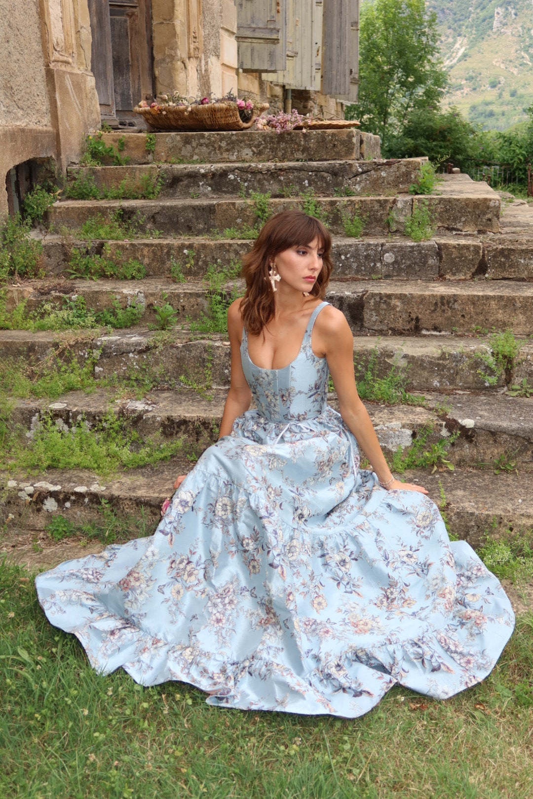 The Avery Dress in Light Blue Lilibet Brocade