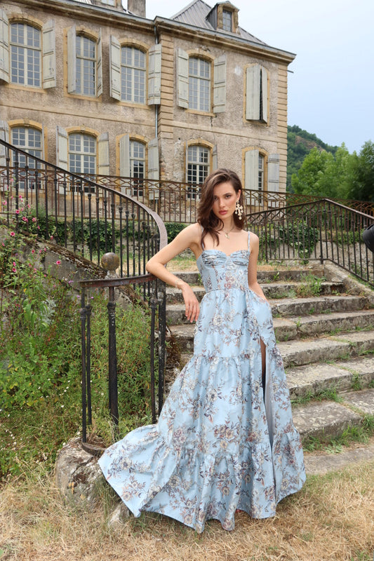 The Lucetta Dress in Light Blue Lilibet Brocade