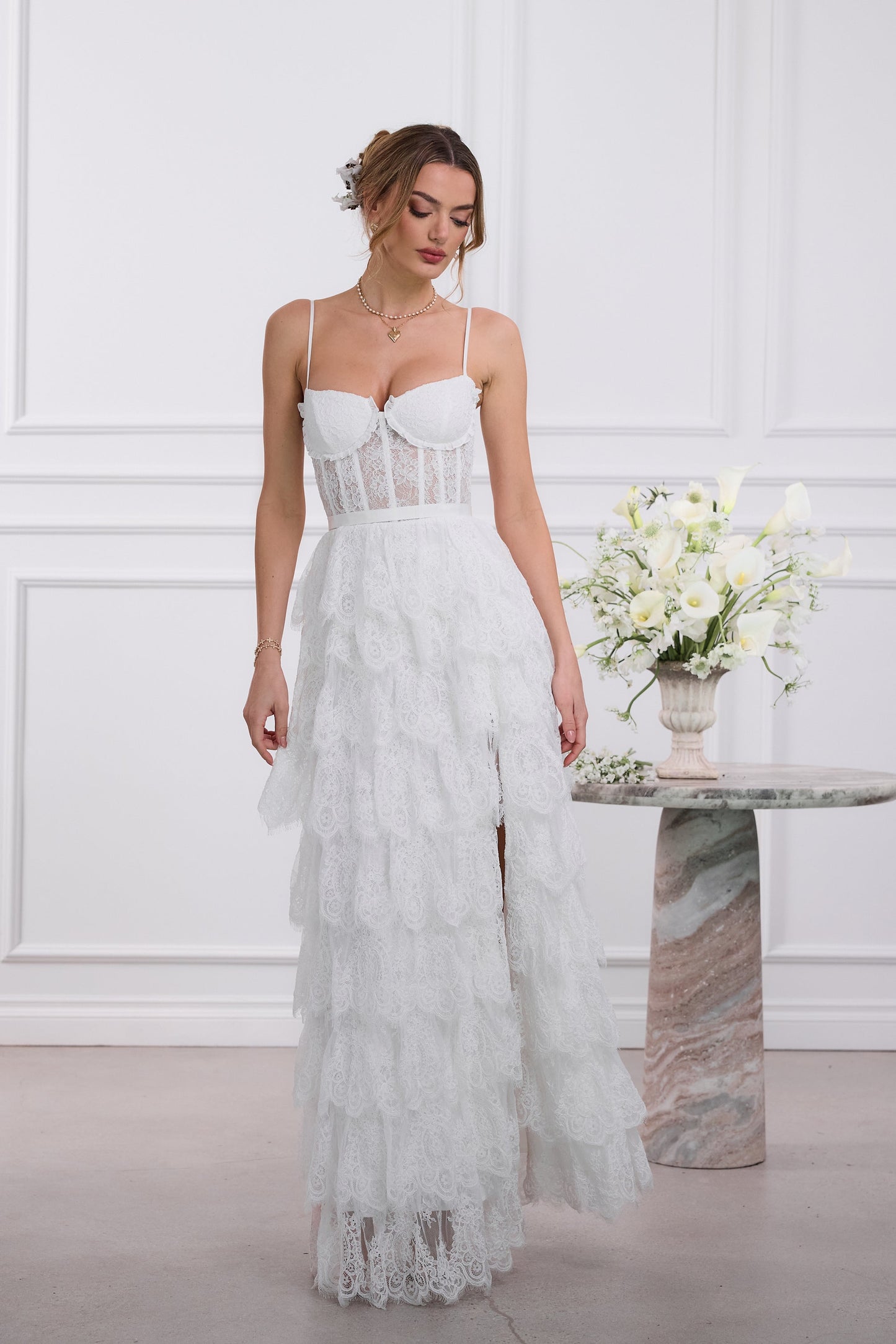 The Juniper Dress in White Chantilly Lace