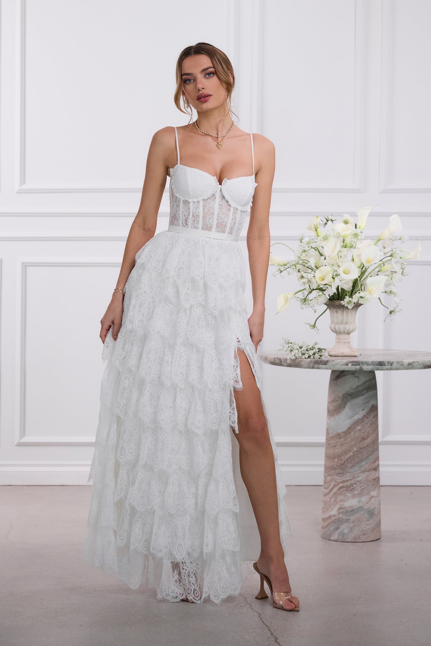 The Juniper Dress in White Chantilly Lace