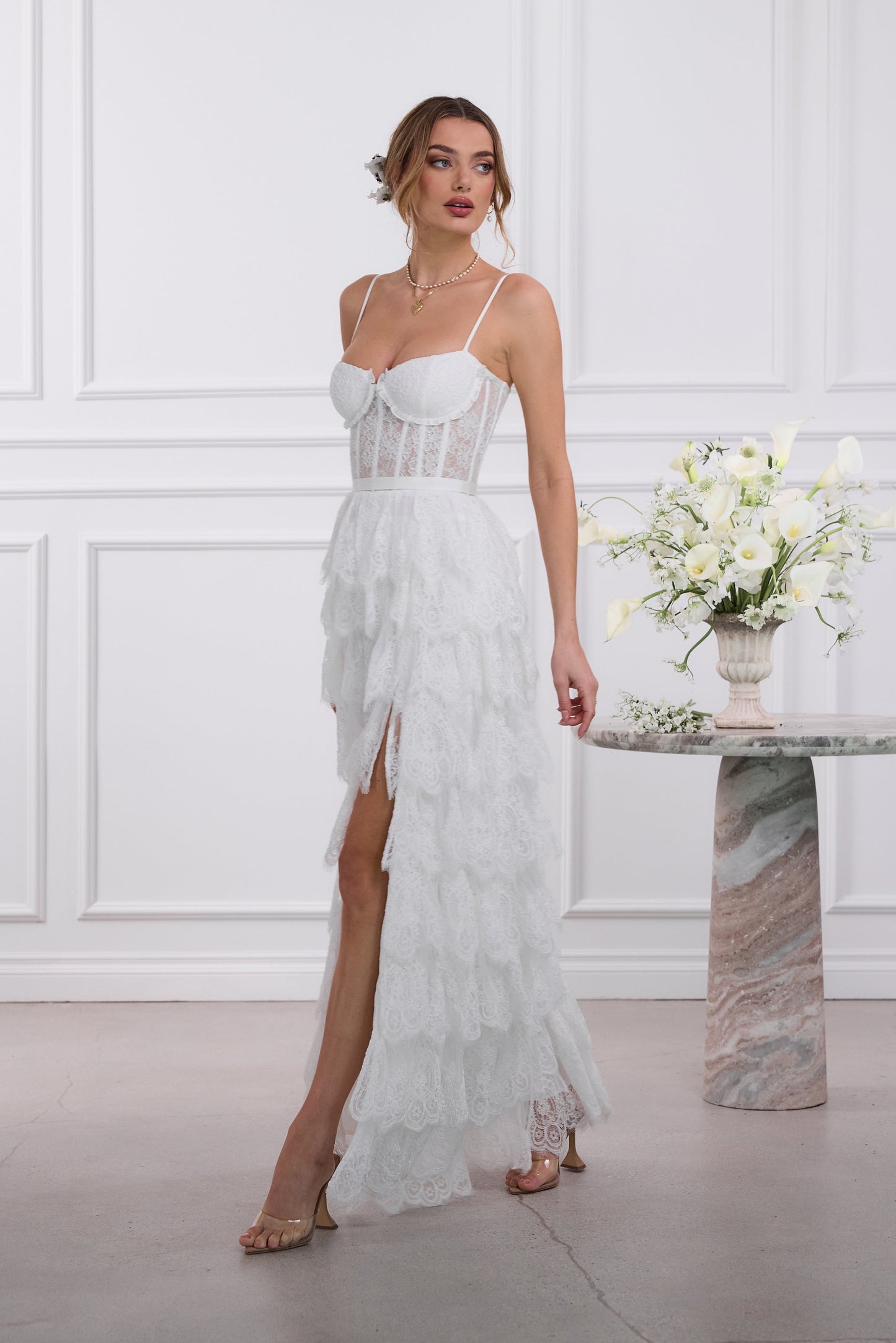 The Juniper Dress in White Chantilly Lace