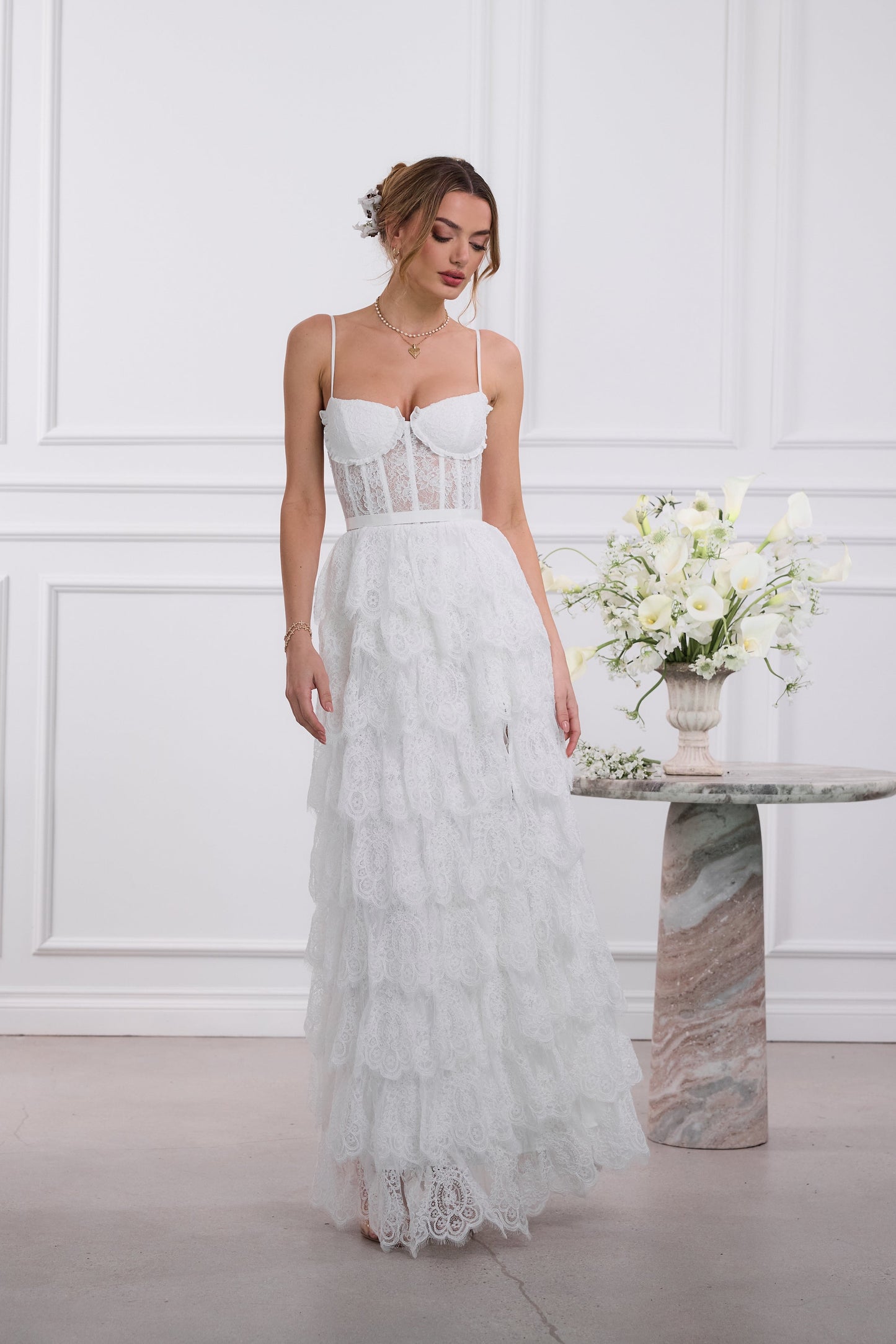 The Juniper Dress in White Chantilly Lace