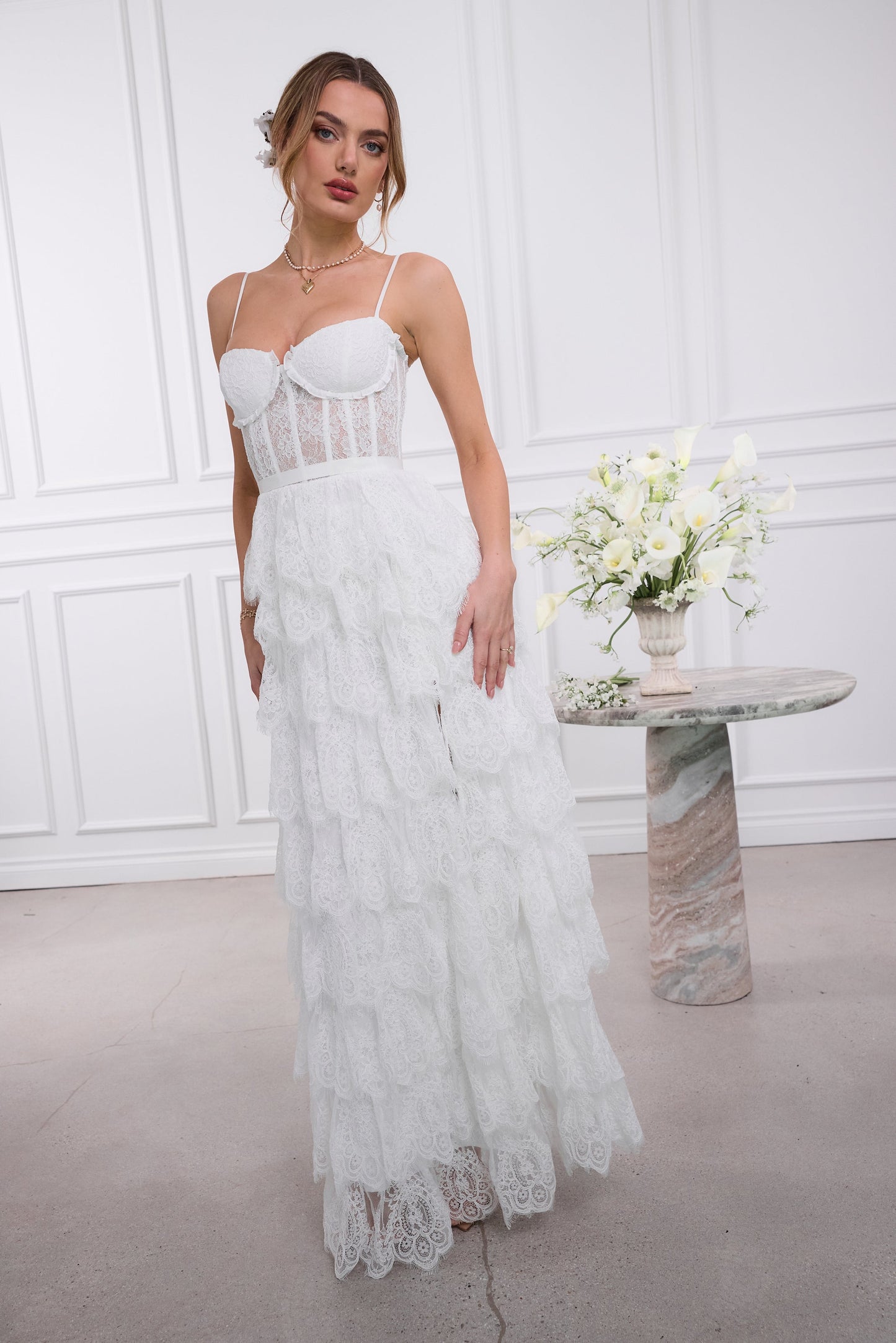 The Juniper Dress in White Chantilly Lace