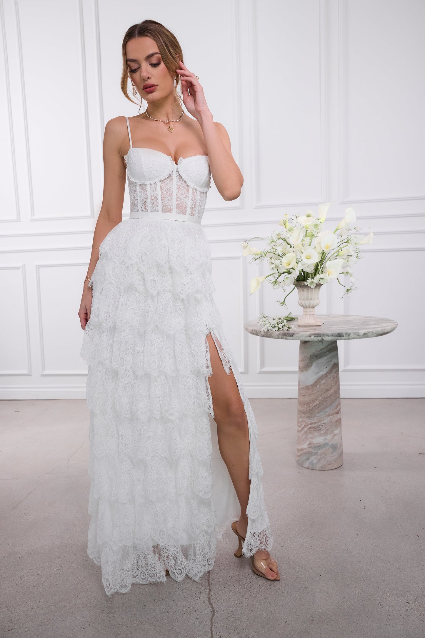 The Juniper Dress in White Chantilly Lace