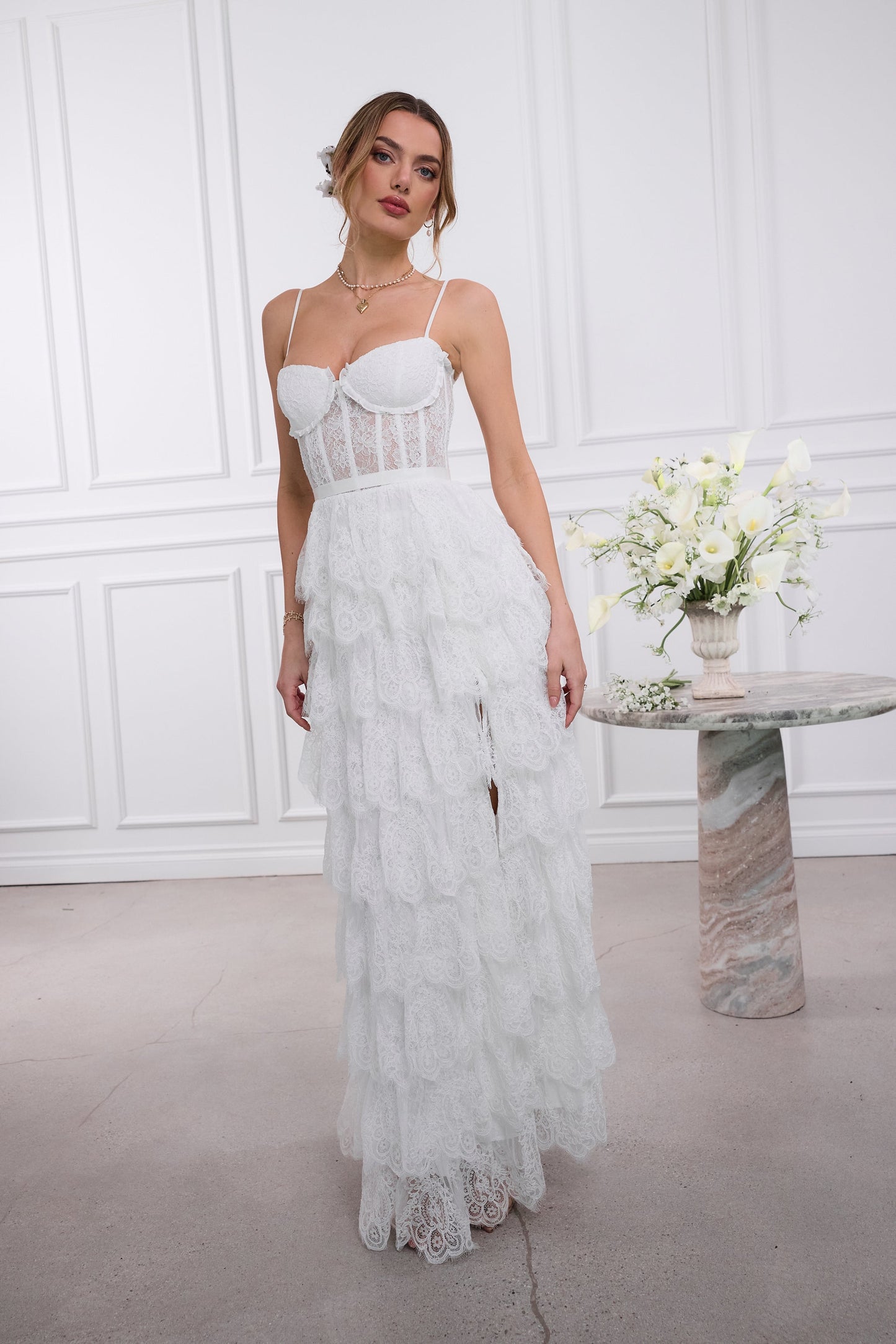 The Juniper Dress in White Chantilly Lace