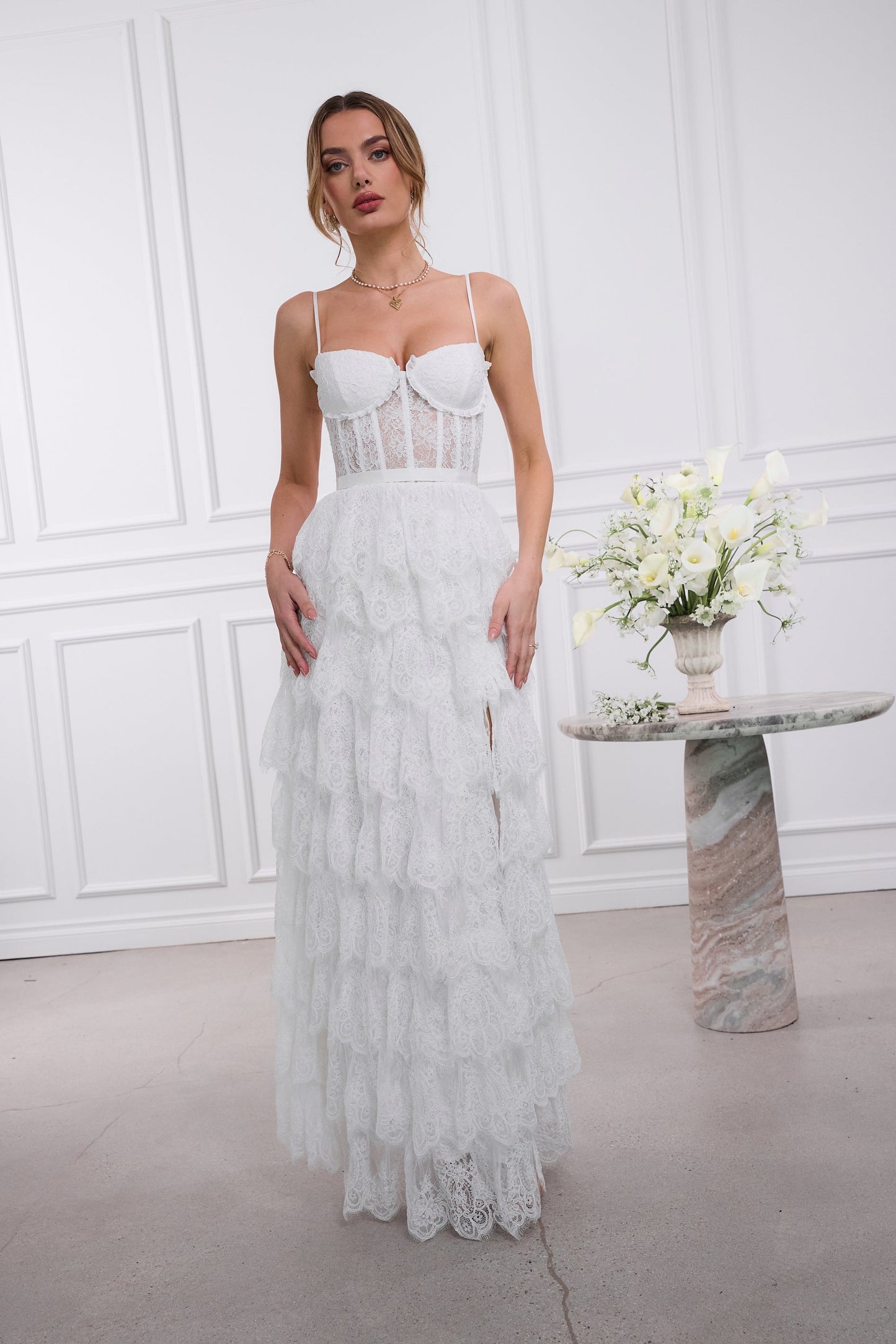 The Juniper Dress in White Chantilly Lace