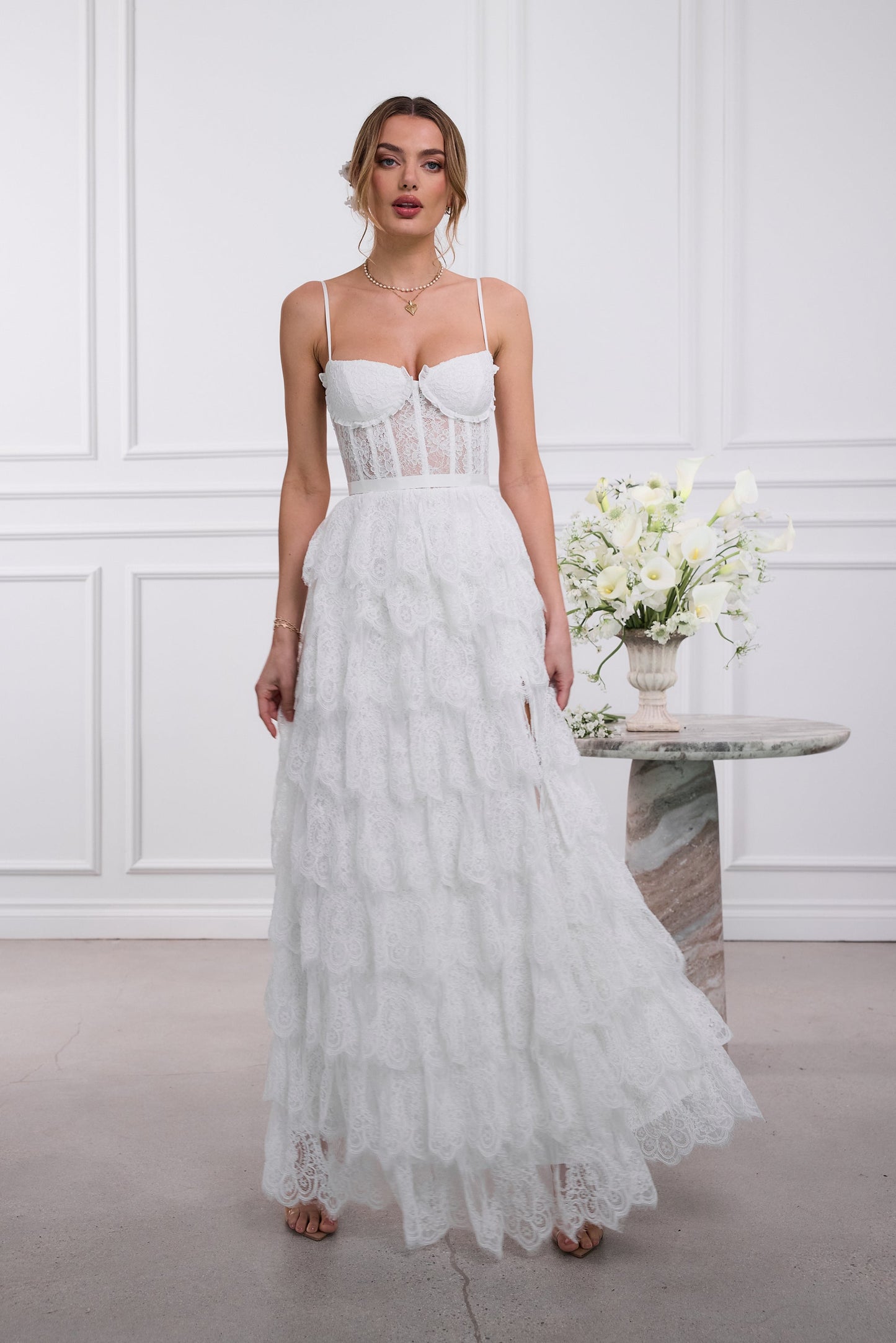 The Juniper Dress in White Chantilly Lace