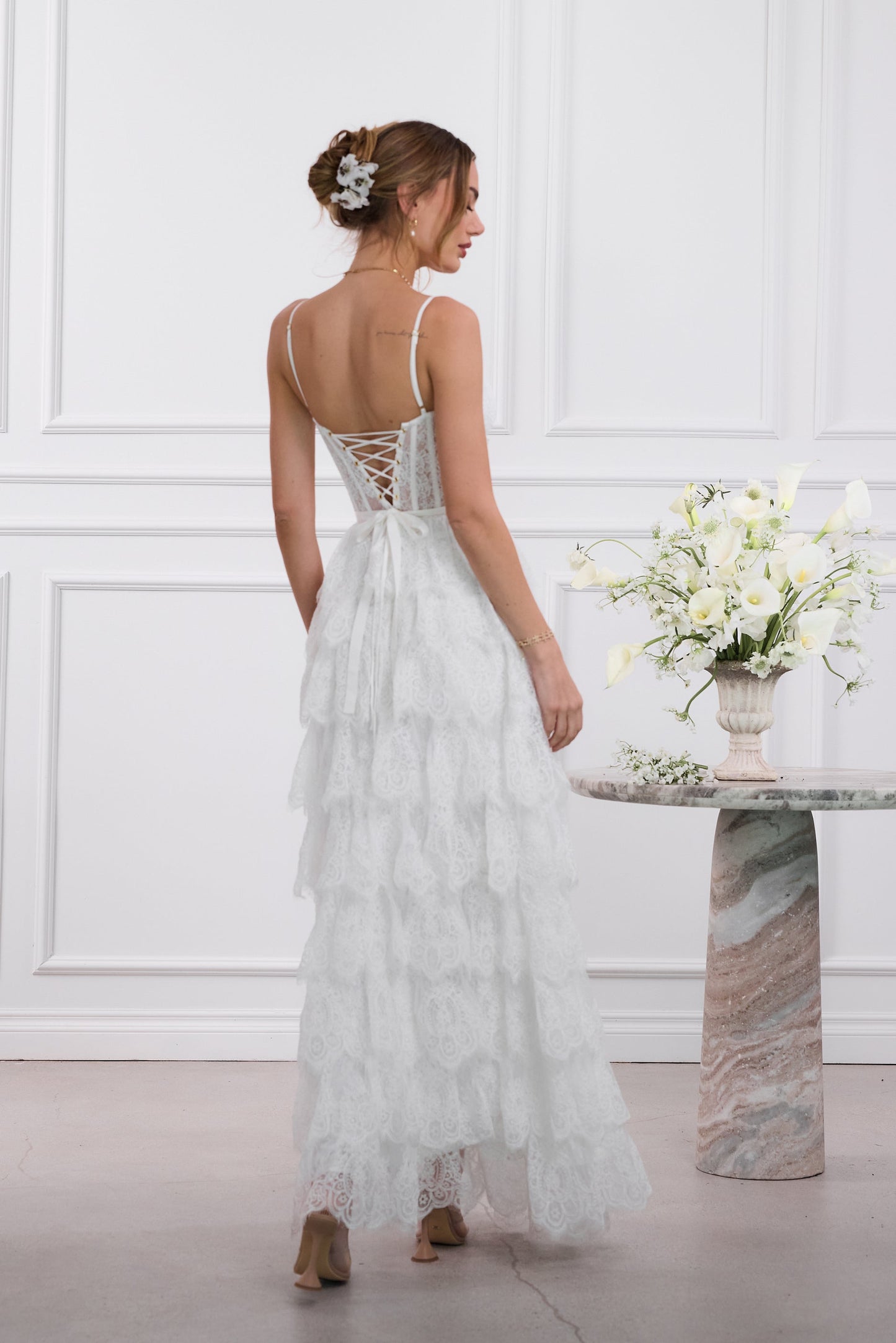 The Juniper Dress in White Chantilly Lace