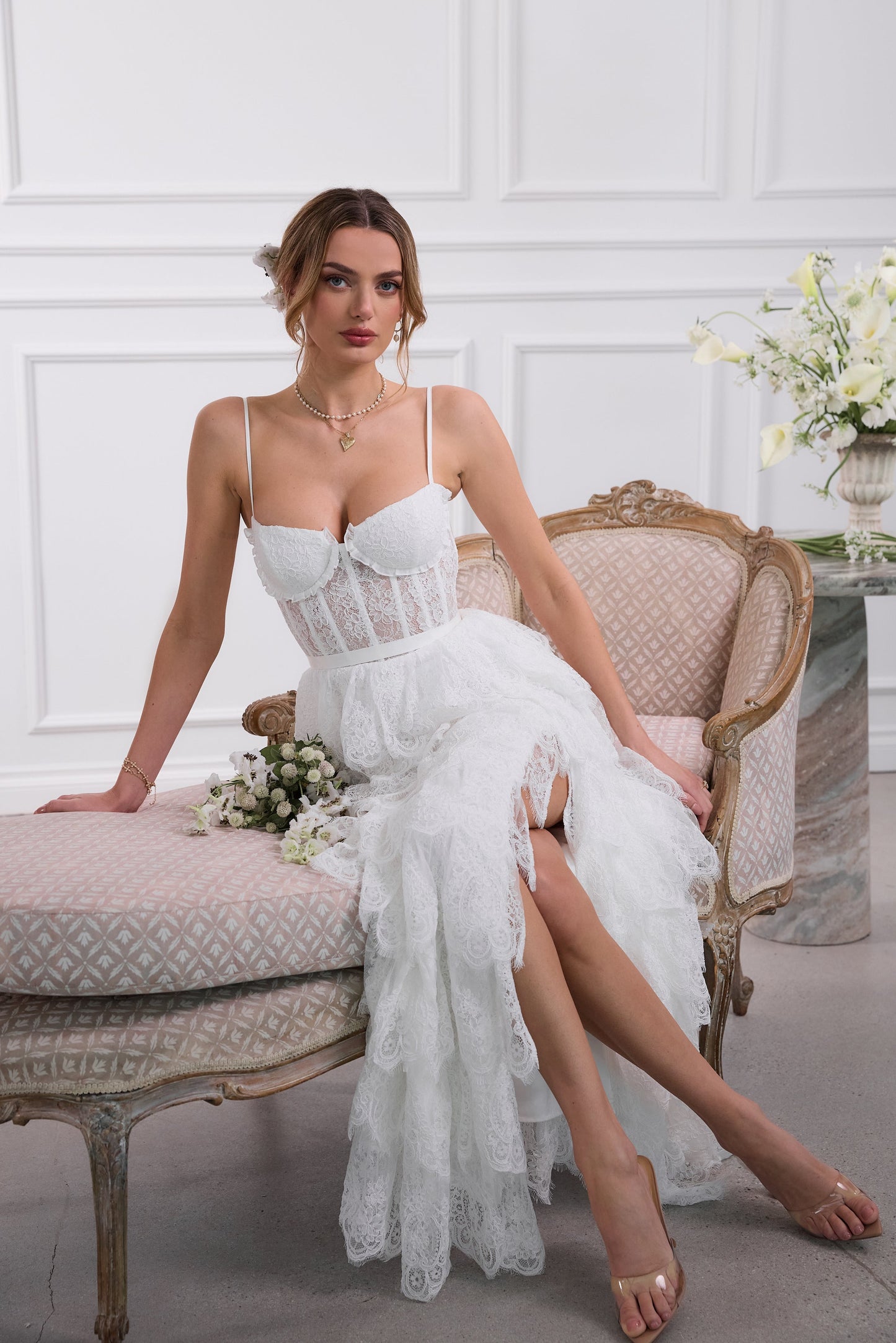 The Juniper Dress in White Chantilly Lace