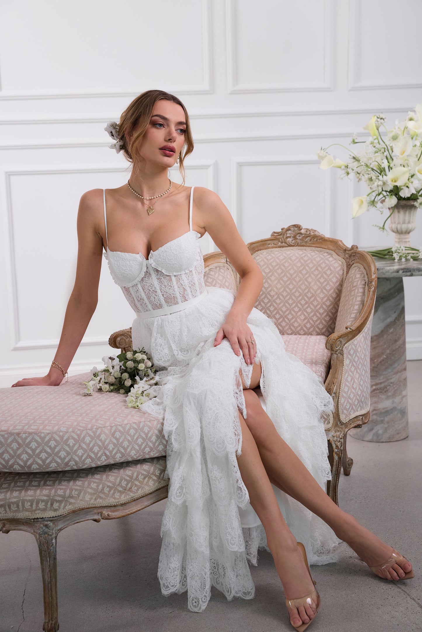 The Juniper Dress in White Chantilly Lace