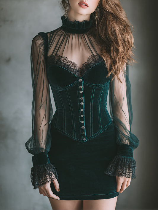 Elegant Polyester Velvet Mesh Spliced stand Collar Slim Mini Dress