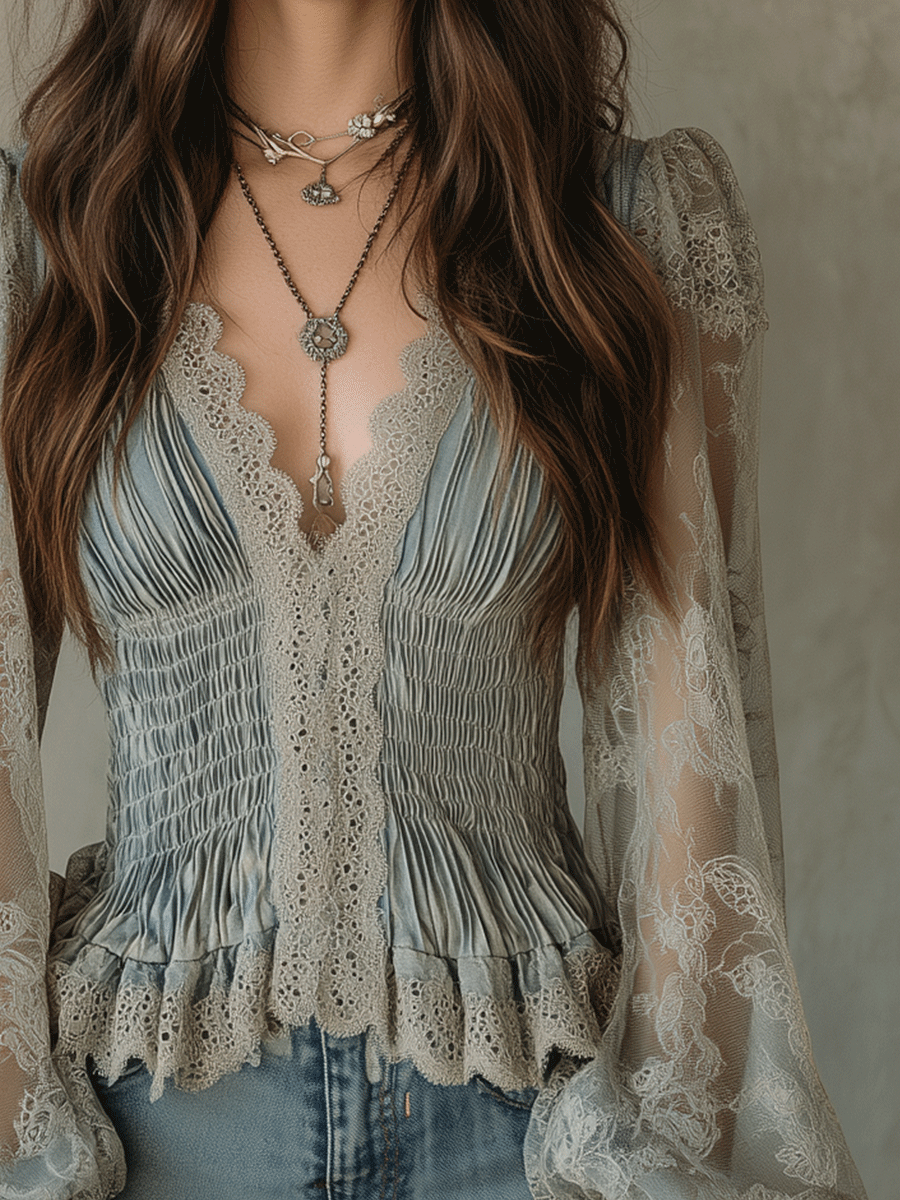 Vintage Bohemian Dusty Blue Lace Peplum Blouse