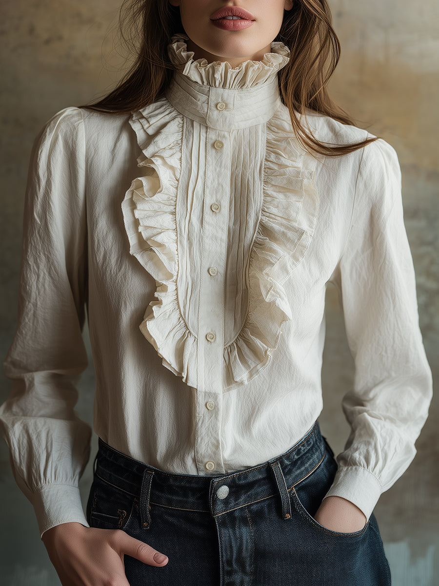 Vintage Cotton Blend Ruffle Placket Blouse